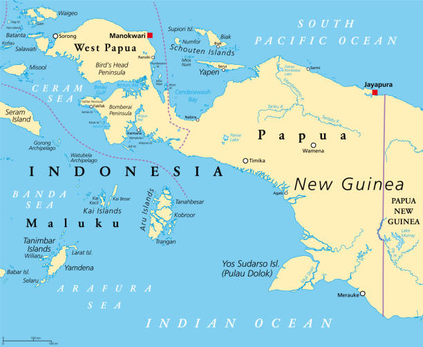 Western New Guinea, Papua, a part of Indonesia, political map Western New Guinea, political map. Also known as Papua. Western portion of the Melanesian island of New Guinea, administered by Indonesia, with the provinces Papua and West Papua. English labeling. landmass stock illustrations