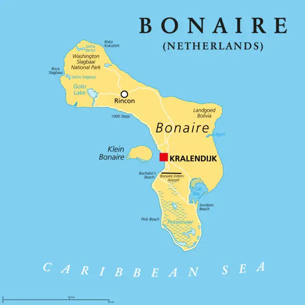 Vector illustration of Bonaire, Netherlands, political map, Leeward Antilles island in the Caribbean Sea