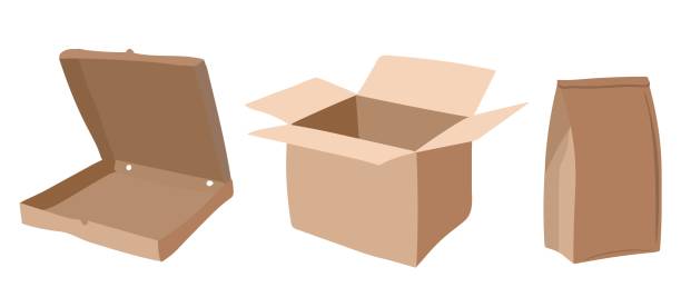 zestaw opakowań papierowych. pudełko, opakowanie do pizzy, torba papierowa - cardboard box box open carton stock illustrations