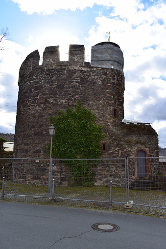 Lorch, Germany - 03/14/2022: city walls tower in Lorch am Rhein