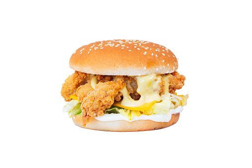 Burger with crispy fried chicken meat isolated on white background