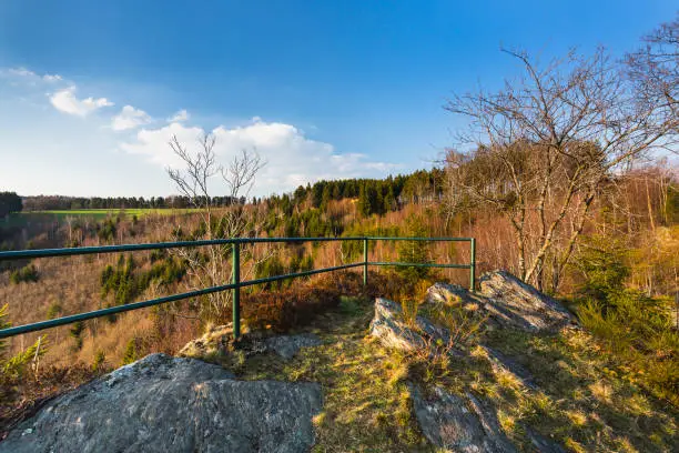 The observation point Ehrensteinley near the Eifel village Monschau in Germany in spring.
