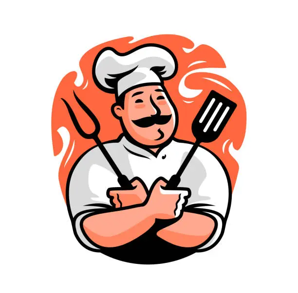 Vector illustration of Chef with fork and spatula for barbecue logo. Grill food emblem. Cartoon character vector illustration