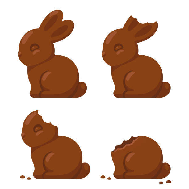 Cute chocolate bunny being eaten Cute chocolate bunny being eaten: with a little bite, then ear and head bitten off. Traditional Easter treat, isolated vector illustration. chocolate bunny stock illustrations