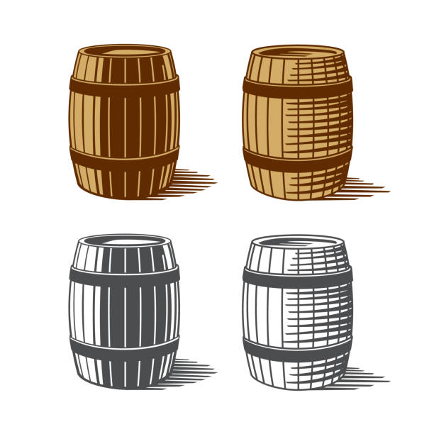 흰색 배경에 고립 된 맥주 또는 와인나무 통 또는 배럴. 양식에 일치시키는 벡터 그림입니다. - 배럴 stock illustrations