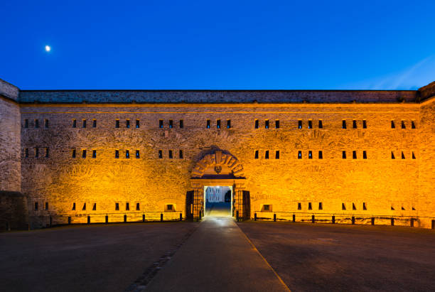 Koblenz - June 15: Ehrenbreitstein Fortress gate in Koblenz, Germany with night blue sky and illumination on June 15, 2016.