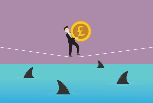 Businessman holds a UK pound coin and walking on a rope with a shark in the sea Finance, Investment, British currency, Money, Banking, Recession, Bankruptcy british coins stock illustrations