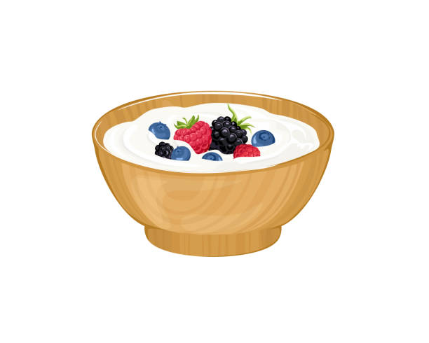 joghurt mit waldbeeren in schüssel. milchdessert mit heidelbeere, himbeere und brombeere. vektor-cartoon flache illustration. - blackberry blueberry raspberry fruit stock-grafiken, -clipart, -cartoons und -symbole