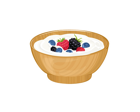 Yogurt with wild berry in bowl. Dairy dessert with  blueberry, raspberry and blackberry. Vector cartoon flat illustration.