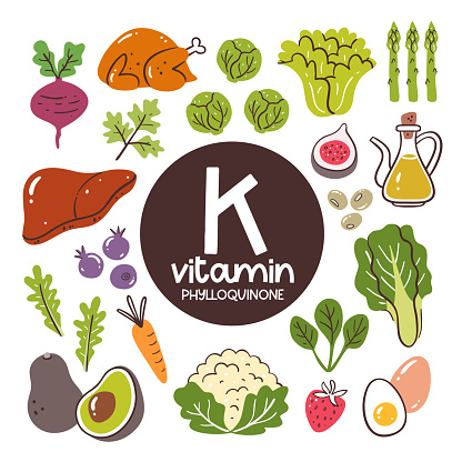 Food products with high level of Vitamin K (Phylloquinone). Cooking ingredients. Vegetables, fruits, eggs, meat, oil.