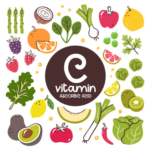 ilustraciones, imágenes clip art, dibujos animados e iconos de stock de ingredientes alimenticios con vitamina c. ácido ascórbico - vegetable vitamin a tomato vitamin c