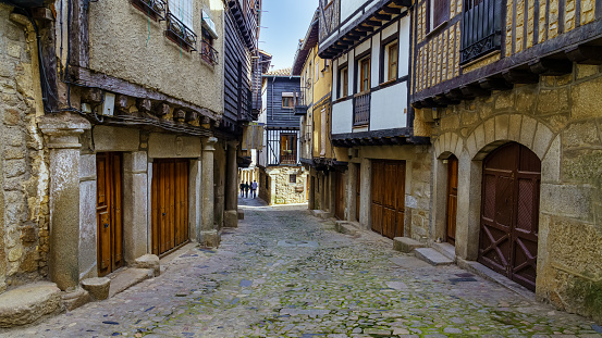 Medieval alley with typical houses of the mountain of Salamanca, La Alberca