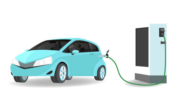 EV eCO 01 Electric Vehicle eco car charging parking at the charger station with a plug in cable.  Charging in the top side of car to battery. Isolated flat vector illustration on white background. hybrid car stock illustrations