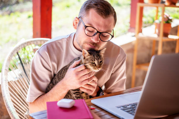 istock Young attractive man in glasses freelancer with a gray cat in his hands working at home using a laptop on the terrace of a country house 1389319191