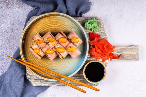 istock Fresh sushi rolls. Traditional Japanese food. 1389320429