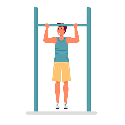 Man do workout on pull-up bar outdoor fitness lifestyle time vector illustration. isolated on white flat cartoon.