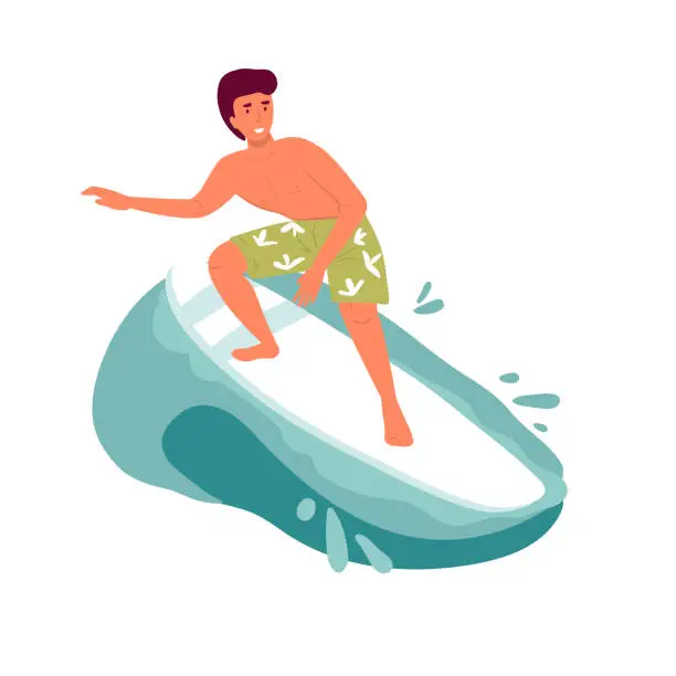 Vector illustration of vector surfer character with surfboard standing and riding on ocean wave. flat isolated on white