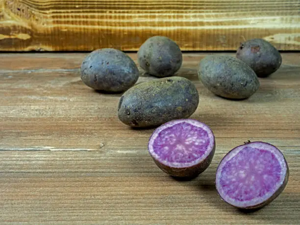 Several potatoes of purple variety Violetta on wood in front of a wooden box, one potato cut.