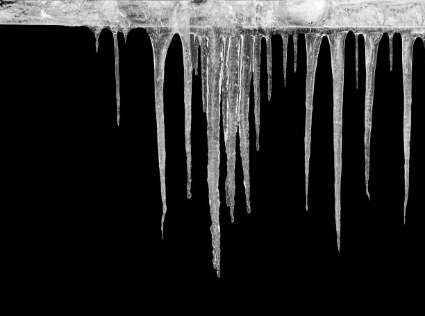 Icicles hanging from the roof on a black background Icicles hanging from the roof on a black background. Spring melting snow with morning frost. Close-up. Natural icicles in a group of different sizes stalactite stock pictures, royalty-free photos & images
