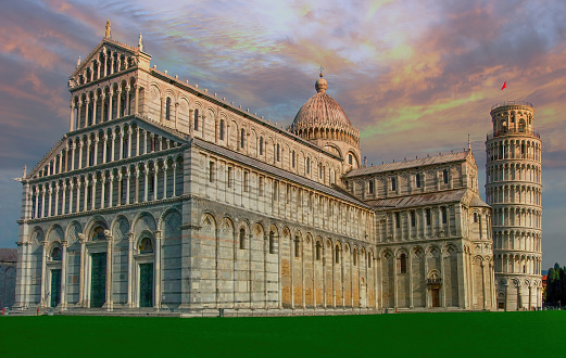 Panorama of the leaning tower of Pisa with the cathedral (Duomo) and the baptistry in Pisa, Tuscany, Italy