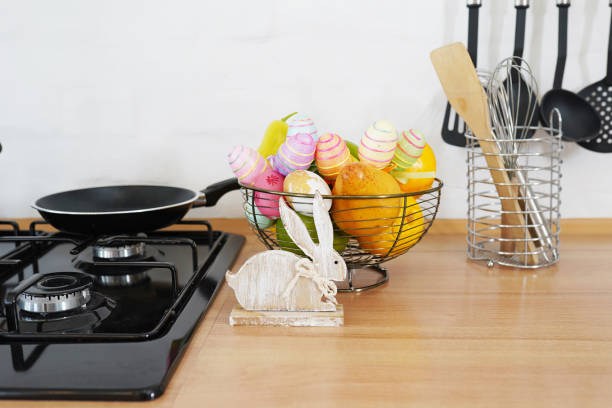 istock Easter bouquet and eggs on the table In white Scandinavian-style kitchen. Beautiful greeting card. The minimal concept 1389323275