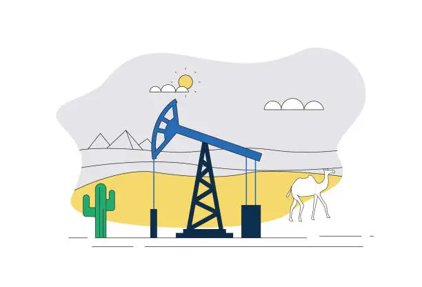 Vector illustration of Camels, cacti, sun, pyramids, water, oil extraction.