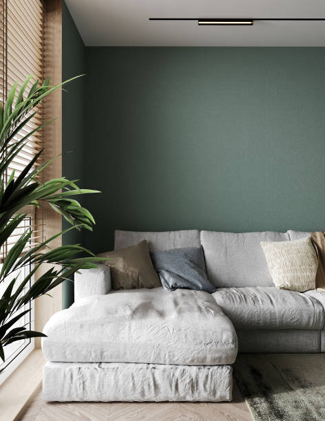 緑の家のインテリアの背景、モダンなスタイル、3dレンダリング - vehicle interior green sofa indoors ストックフォトと画像