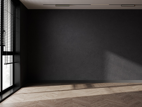 Empty room with dark walls and wooden floor near window. Empty room for mockup. 3d rendering