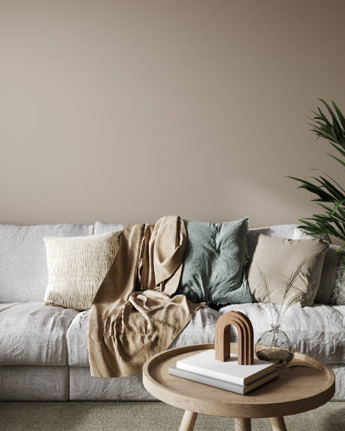 istock Home interior mock-up with modern white sofa, table and decor in living room, 3d render 1389328712