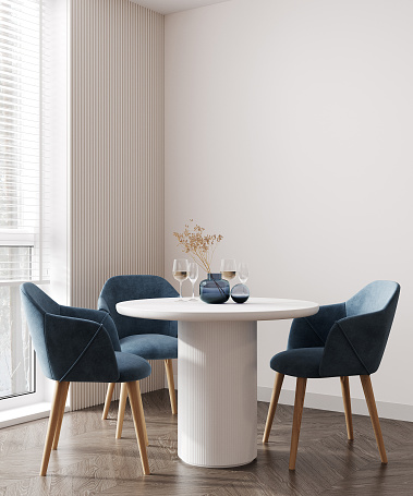Diseño interior de comedor moderno con muebles azules y mesa blanca, estilo escandinavo, renderizado 3D photo