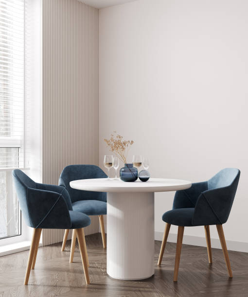 Interior design of modern dining room with blue furniture and white table, Scandinavian style, 3d rendering Interior design of modern dining room with blue furniture and white table, Scandinavian style, 3d rendering dining room stock pictures, royalty-free photos & images