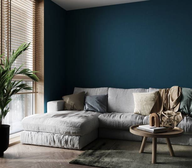 istock Interior of living room with blue wall and gray sofa, 3d rendering 1389328719