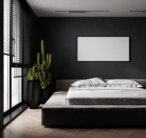 istock Mockup frame in bedroom interior background, dark loft style, 3d render 1389328720