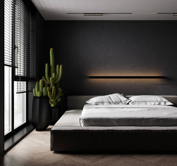 Dark bedroom interior with black wall, stylish bed, wall light and cactus, 3d render