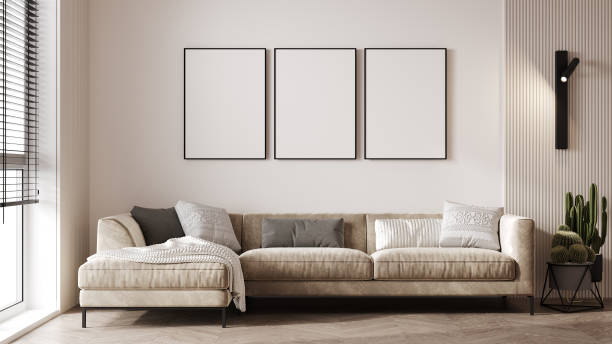 istock blank canvas mock up in modern living room interior with beige sofa, wooden floor, wall panel and cactus, 3d rendering 1389328743
