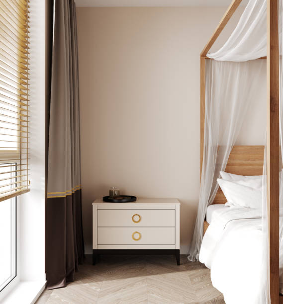 istock Home mockup, Coastal boho style bedroom interior background, 3d render 1389328753