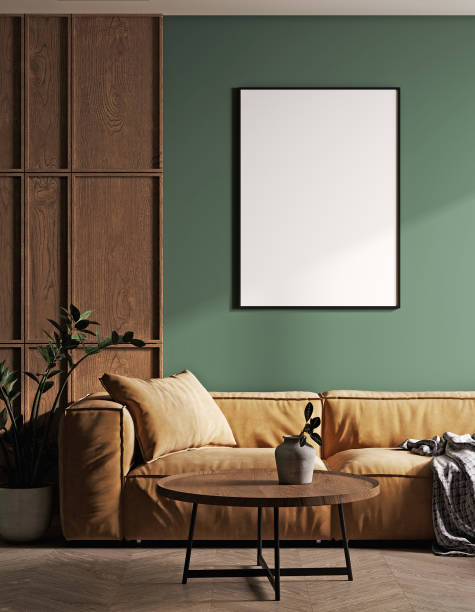 明るいソファ、緑の壁、リビングルームのテーブルと装飾と家のインテリアの背景にポスターフレームモックアップ、3dレンダリング - vehicle interior green sofa indoors ストックフォトと画像