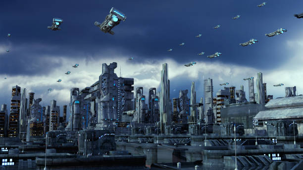 istock 3d rendering. Futuristic city and spaceships 1389328909