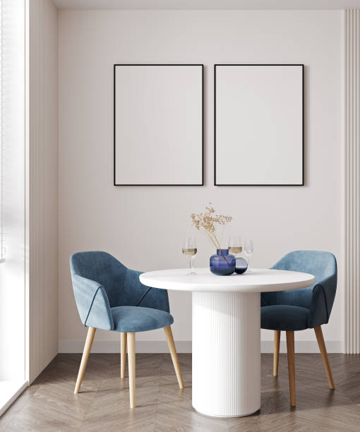 istock poster frames mock up in modern room minimalist interior with white table and blue chair, dining room, 3d rendering 1389329623