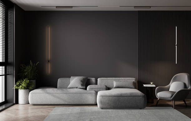 istock Stylish dark living room interior with gray sofa mock up, modern interior background, empty black wall mockup, 3d illustration 1389329624
