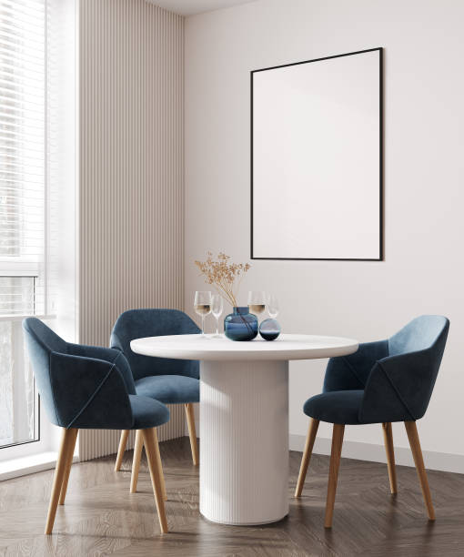 istock Home mock up, cozy modern kitchen interior background with blue chair, 3d render 1389329626