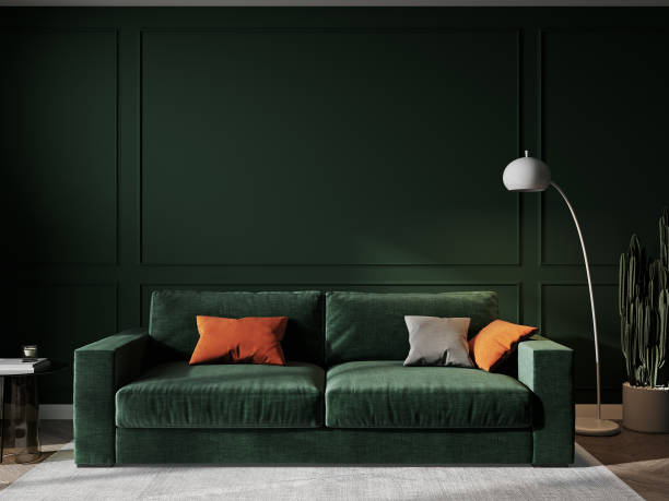 istock Home interior mock-up with green sofa, table and decor in living room, 3d render 1389329636