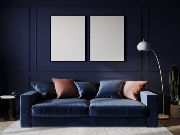 istock Home interior with blue sofa, frames, table and decor in living room, 3d render 1389329637