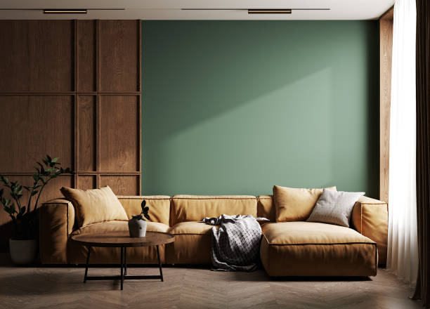 istock Dark green home interior with brown sofa, table and decor in living room, 3d render 1389329639