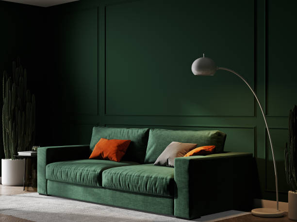 istock Home interior mock-up with green sofa, table and decor in living room, 3d render 1389329643