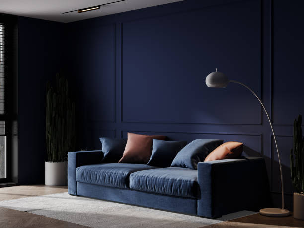 istock Dark blue living room interior with blue sofa, luxury style, 3d render 1389329644