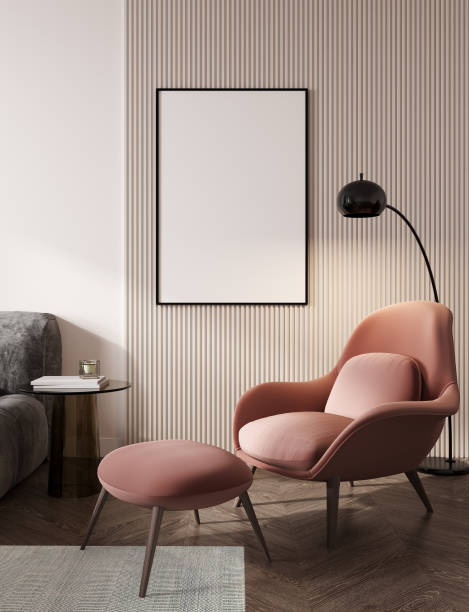 istock Mockup frame in light living room interior background, farmhouse style, 3d render 1389329658