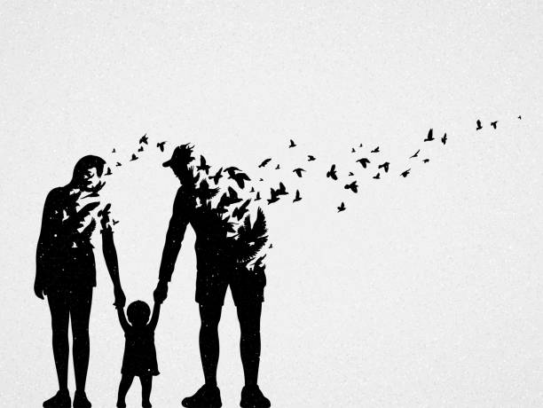 Family silhouette Child and dying parent outline. Death and afterlife i love you mom stock illustrations