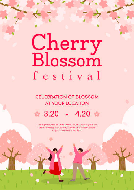 illustrazioni stock, clip art, cartoni animati e icone di tendenza di design vettoriale del poster del festival dei fiori di ciliegio. fiore di sakura in fiore nel parco con l'amante - blossom cherry blossom sakura flower