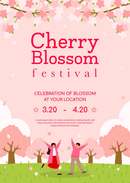 плакат фестиваля цветения сакуры пригласительный векторный дизайн. цветущий цветок сакуры в парке с любовником - sakura stock illustrations